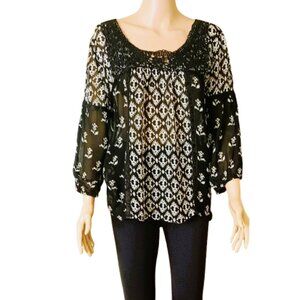 Bila Sheer Floral Boho Blouse M Black Flowy Lace Peasant Top Crochet Trim